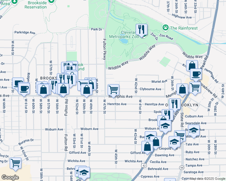 map of restaurants, bars, coffee shops, grocery stores, and more near 4261 Fulton Parkway in Cleveland