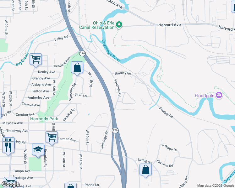 map of restaurants, bars, coffee shops, grocery stores, and more near 4220 Jennings Road in Cleveland