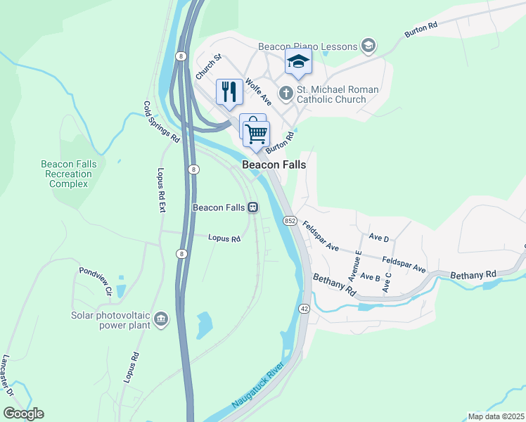 map of restaurants, bars, coffee shops, grocery stores, and more near 39 Railroad Avenue in Beacon Falls