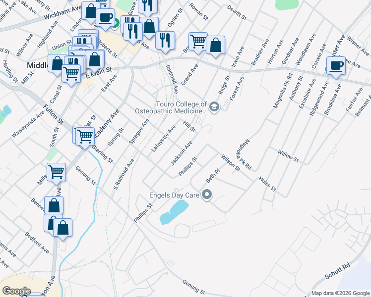 map of restaurants, bars, coffee shops, grocery stores, and more near 32 Jackson Avenue in Middletown