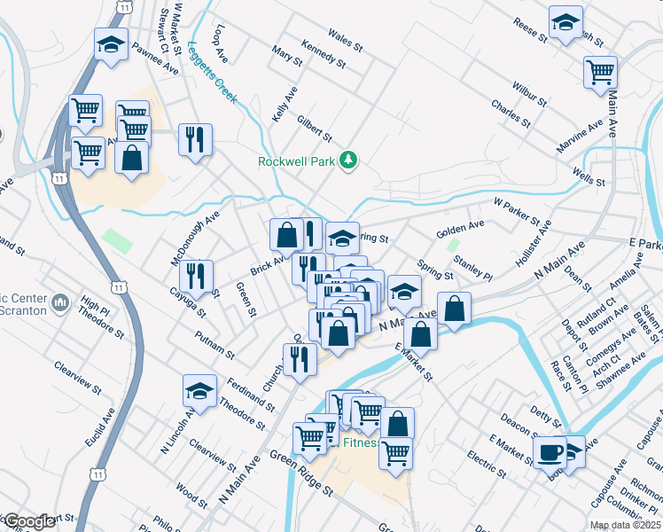 map of restaurants, bars, coffee shops, grocery stores, and more near 316 School Street in Scranton