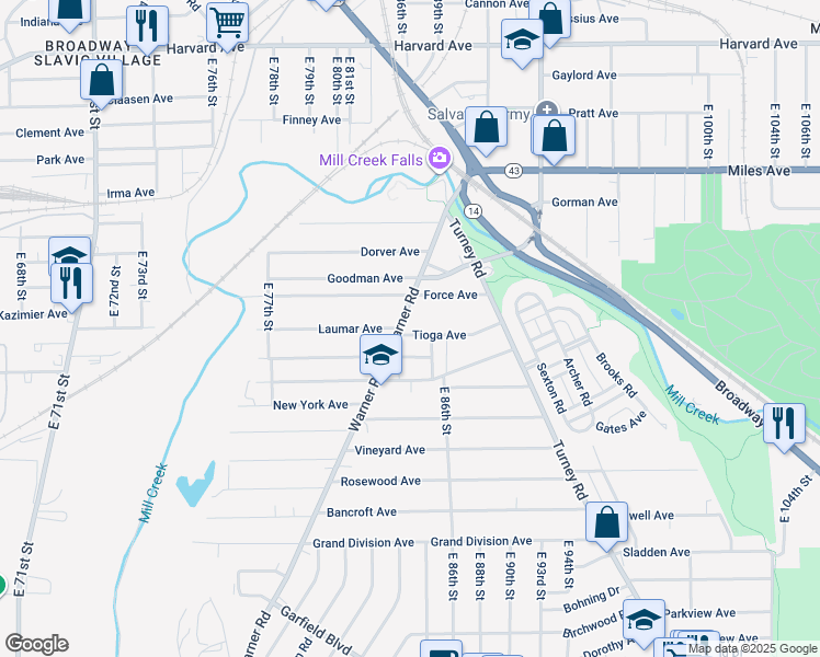 map of restaurants, bars, coffee shops, grocery stores, and more near 4368 Warner Road in Cleveland