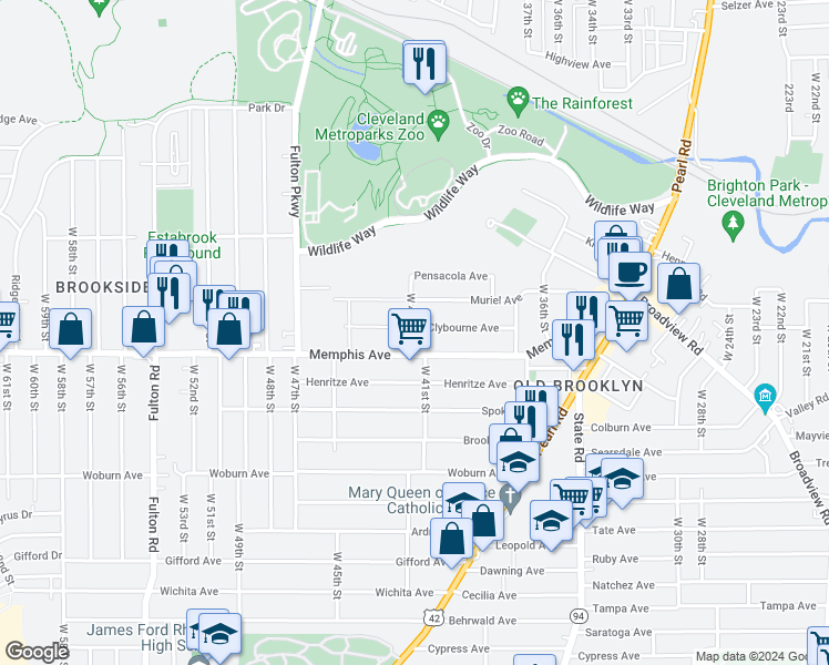 map of restaurants, bars, coffee shops, grocery stores, and more near 4211 Clybourne Avenue in Cleveland