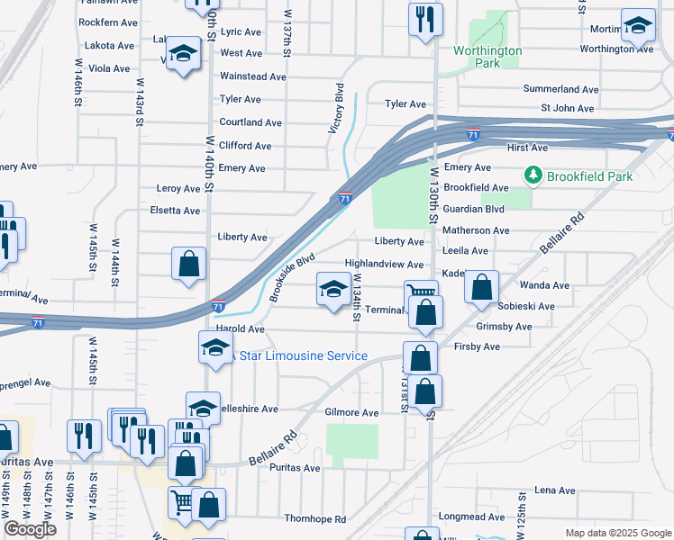 map of restaurants, bars, coffee shops, grocery stores, and more near 13425 Highlandview Avenue in Cleveland