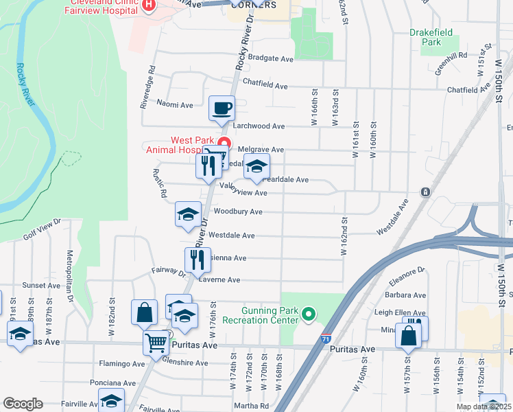 map of restaurants, bars, coffee shops, grocery stores, and more near 16920 Woodbury Avenue in Cleveland