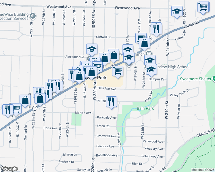 map of restaurants, bars, coffee shops, grocery stores, and more near 21920 Hillsdale Avenue in Fairview Park