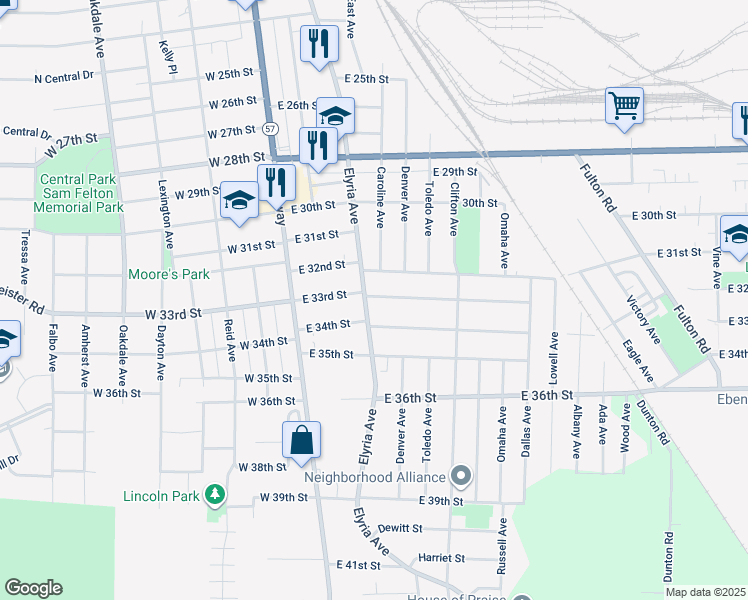 map of restaurants, bars, coffee shops, grocery stores, and more near 3309 Elyria Avenue in Lorain