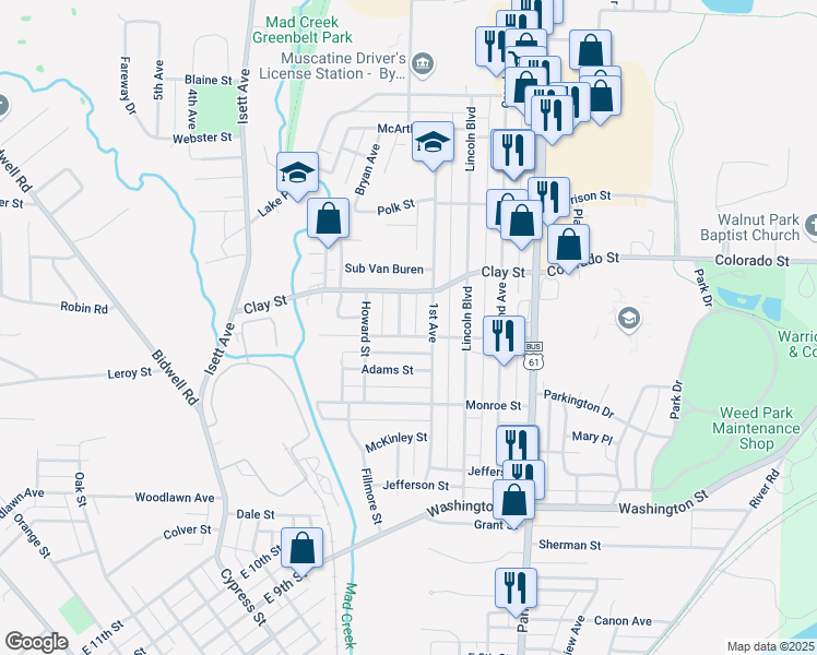 map of restaurants, bars, coffee shops, grocery stores, and more near 1404 1st Avenue in Muscatine