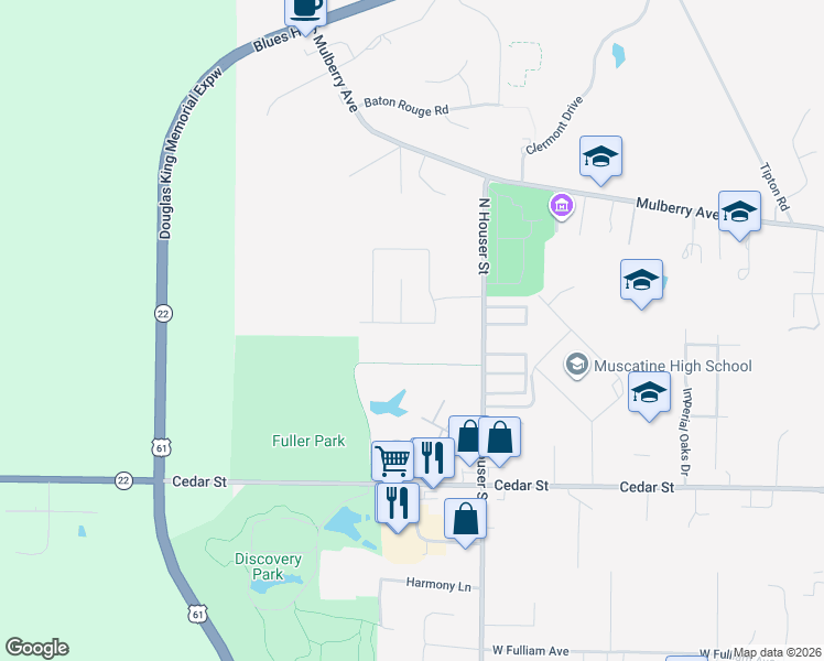 map of restaurants, bars, coffee shops, grocery stores, and more near 3408 Spinning Wheel Court in Muscatine