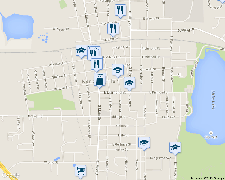 map of restaurants, bars, coffee shops, grocery stores, and more near 207 East Diamond Street in Kendallville