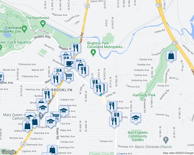 map of restaurants, bars, coffee shops, grocery stores, and more near 4228 W 23rd St in Cleveland