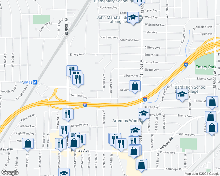map of restaurants, bars, coffee shops, grocery stores, and more near 4192 W 144th St in Cleveland