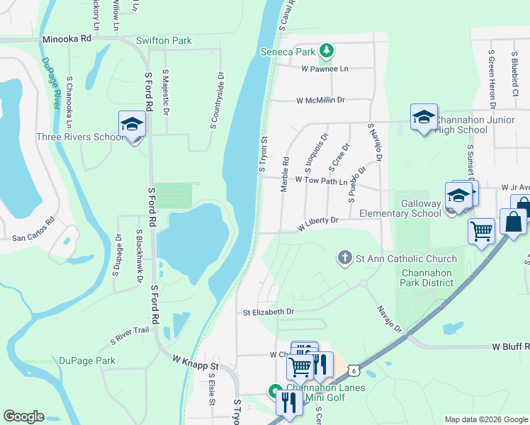 map of restaurants, bars, coffee shops, grocery stores, and more near 24331 South Tryon Street in Channahon