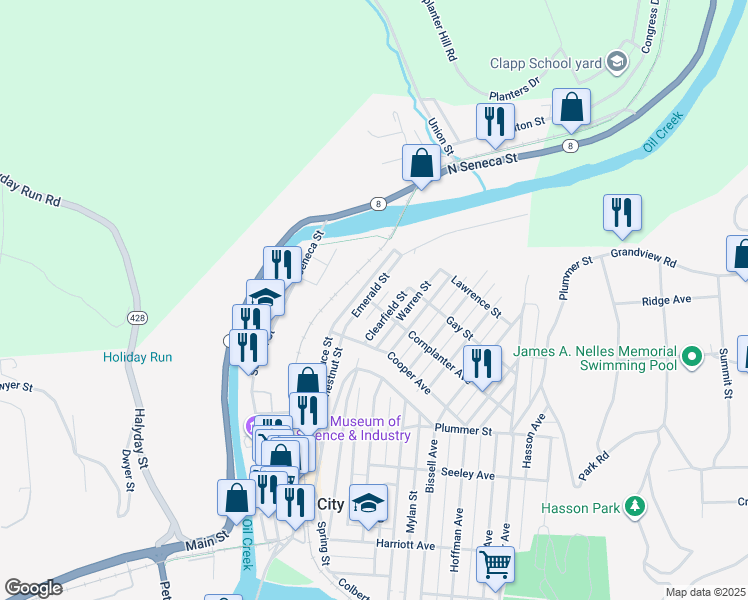 map of restaurants, bars, coffee shops, grocery stores, and more near 101 Elk Street in Oil City