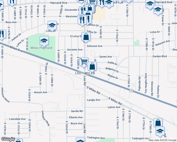 map of restaurants, bars, coffee shops, grocery stores, and more near 16607 Miles Avenue in Cleveland