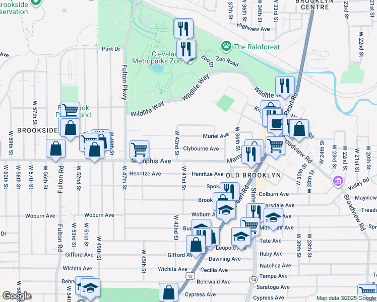 map of restaurants, bars, coffee shops, grocery stores, and more near 4103 Clybourne Avenue in Cleveland