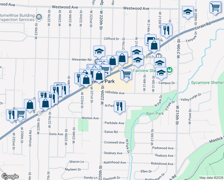 map of restaurants, bars, coffee shops, grocery stores, and more near 21920 Hillsdale Avenue in Fairview Park