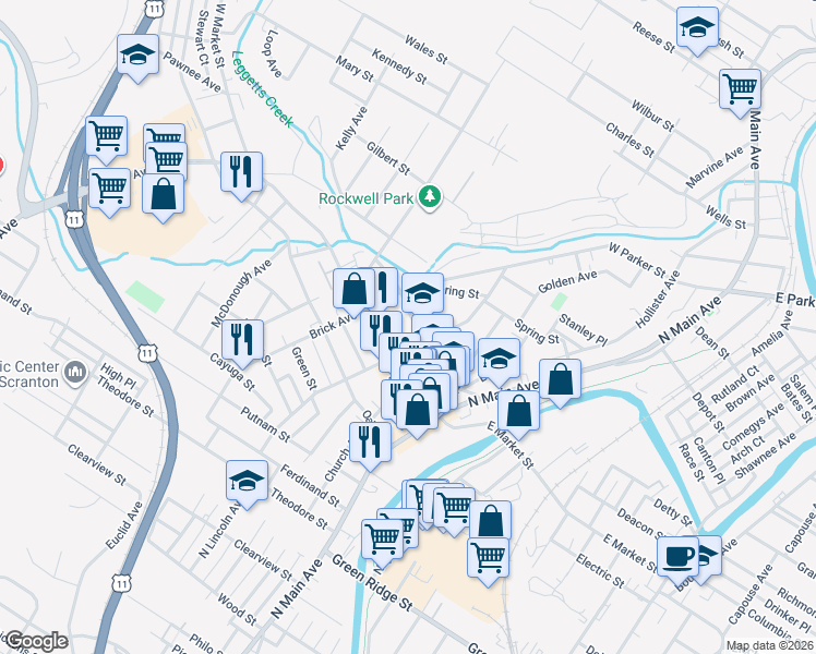 map of restaurants, bars, coffee shops, grocery stores, and more near 316 School Street in Scranton