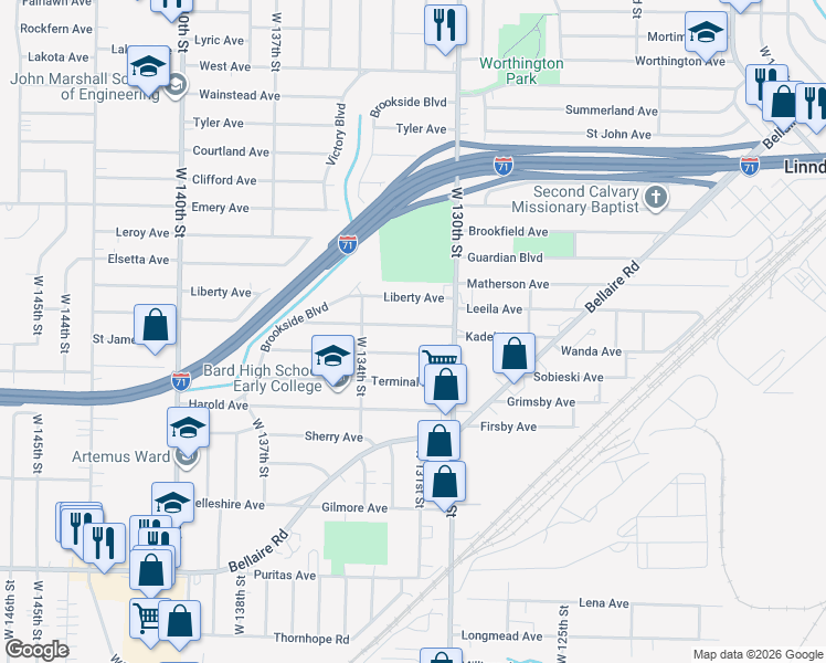 map of restaurants, bars, coffee shops, grocery stores, and more near 13117 Highlandview Avenue in Cleveland