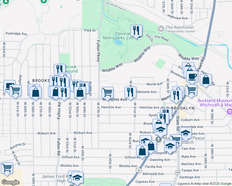 map of restaurants, bars, coffee shops, grocery stores, and more near 4327 Clybourne Avenue in Cleveland