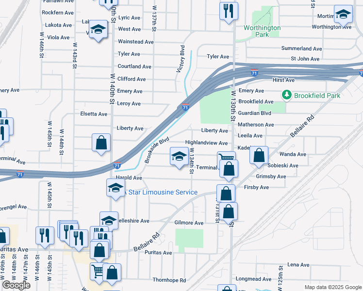 map of restaurants, bars, coffee shops, grocery stores, and more near 13425 Highlandview Avenue in Cleveland