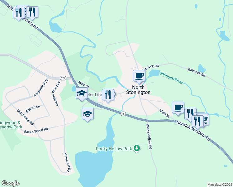 map of restaurants, bars, coffee shops, grocery stores, and more near 94 Main Street in North Stonington