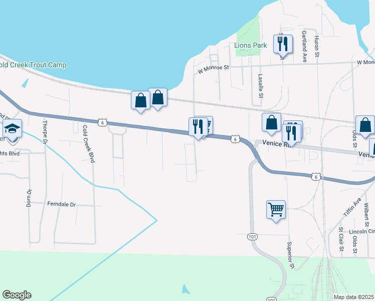 map of restaurants, bars, coffee shops, grocery stores, and more near 1408 Sagamore Street in Sandusky