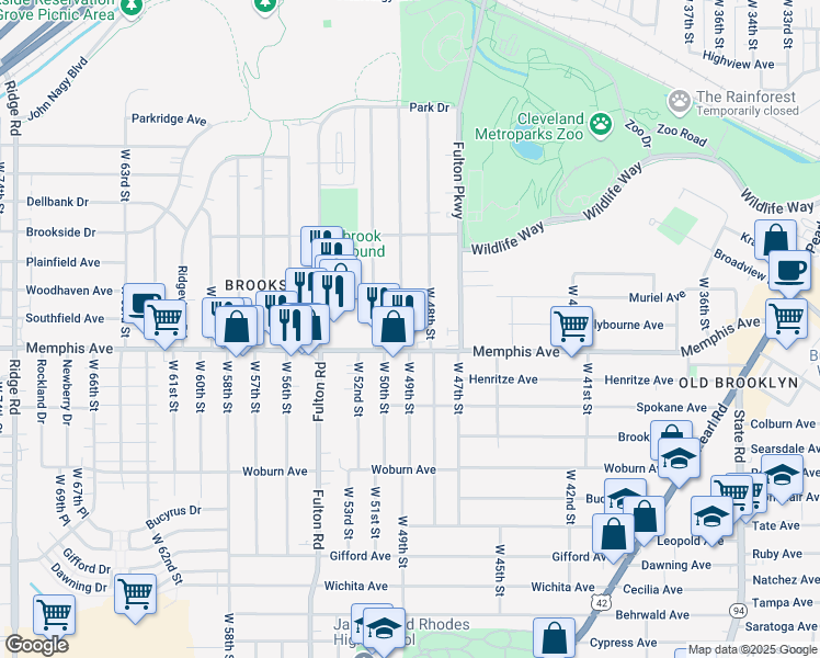 map of restaurants, bars, coffee shops, grocery stores, and more near 4261 West 49th Street in Cleveland