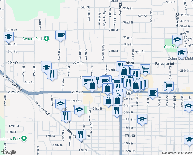 map of restaurants, bars, coffee shops, grocery stores, and more near 3625 25th Street in Columbus
