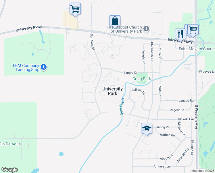 map of restaurants, bars, coffee shops, grocery stores, and more near 886 White Oak Lane in University Park