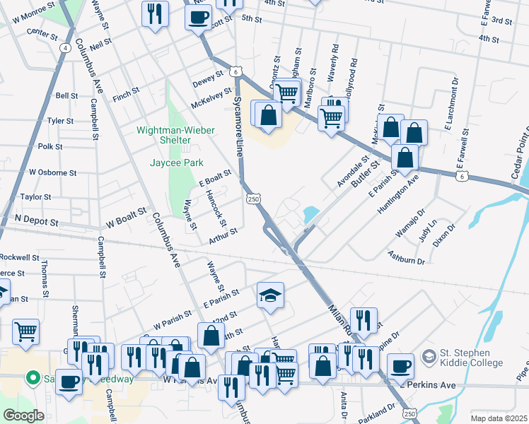 map of restaurants, bars, coffee shops, grocery stores, and more near Milan Road in Sandusky