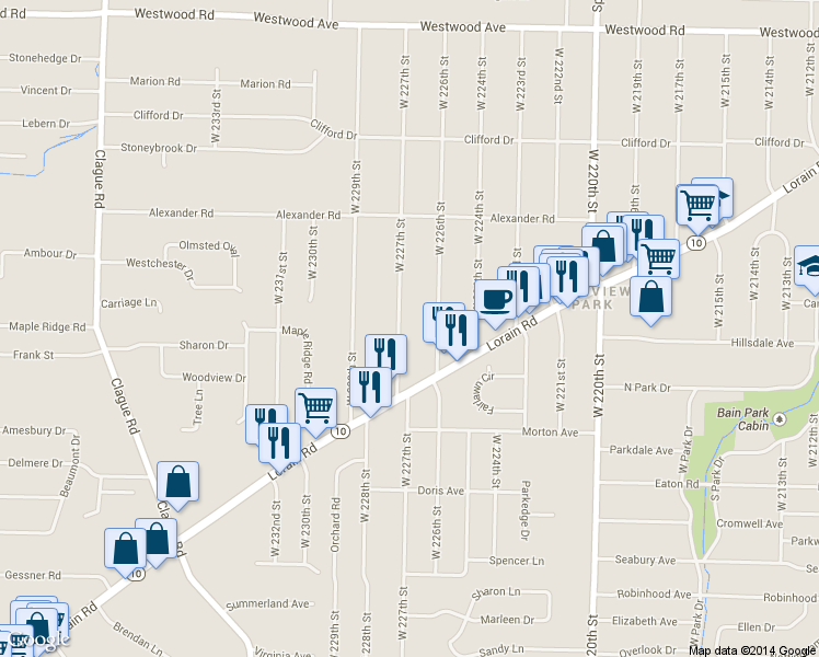 map of restaurants, bars, coffee shops, grocery stores, and more near 4297 W 227th St in Fairview Park