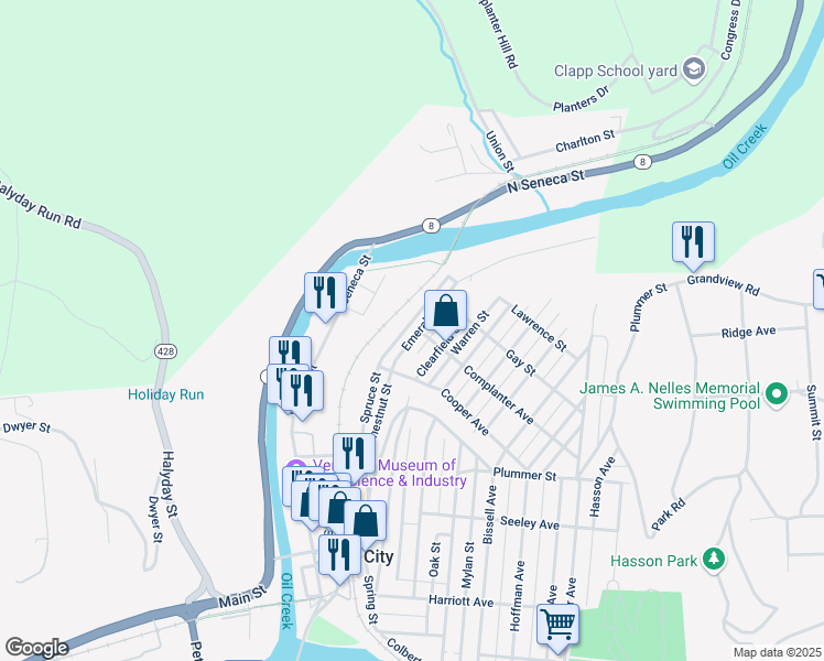 map of restaurants, bars, coffee shops, grocery stores, and more near 101 Elk Street in Oil City