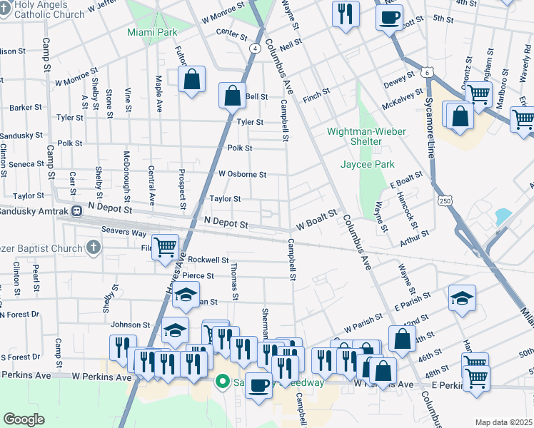 map of restaurants, bars, coffee shops, grocery stores, and more near 1620 Sherman St in Sandusky