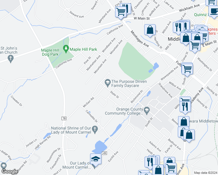 map of restaurants, bars, coffee shops, grocery stores, and more near 16 State Street in Middletown
