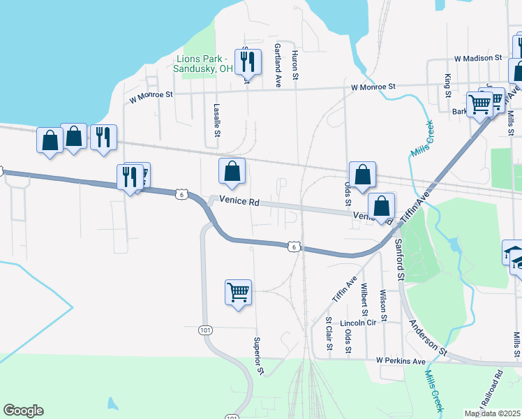 map of restaurants, bars, coffee shops, grocery stores, and more near 3124 Venice Road in Sandusky