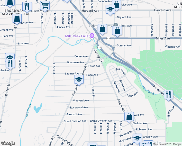 map of restaurants, bars, coffee shops, grocery stores, and more near 8501 Tioga Avenue in Cleveland