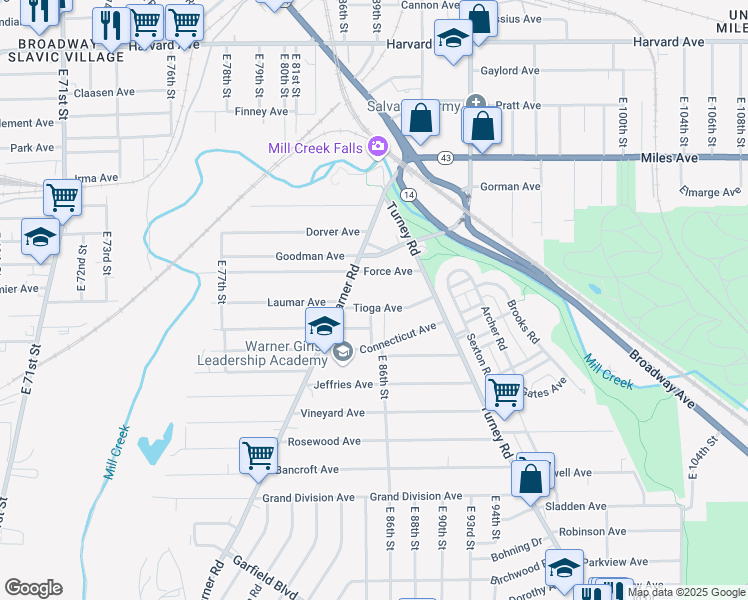 map of restaurants, bars, coffee shops, grocery stores, and more near 8501 Tioga Ave in Cleveland