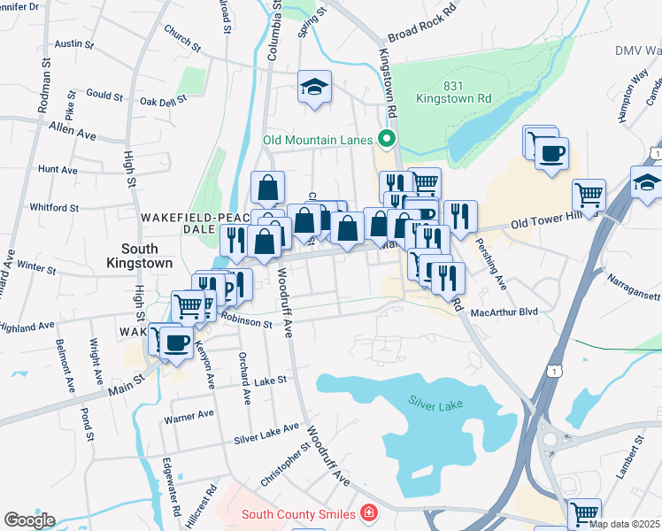 map of restaurants, bars, coffee shops, grocery stores, and more near 66 Prospect Avenue in Wakefield-Peacedale