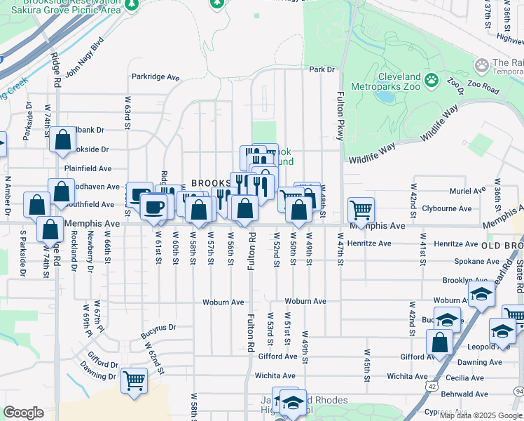 map of restaurants, bars, coffee shops, grocery stores, and more near 4259 Fulton Road in Cleveland
