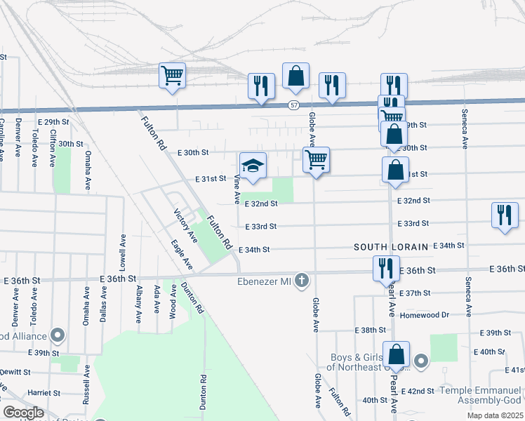 map of restaurants, bars, coffee shops, grocery stores, and more near 1630 E 32nd St in Lorain