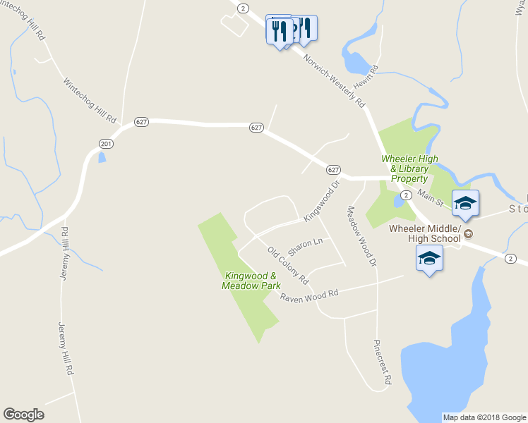 map of restaurants, bars, coffee shops, grocery stores, and more near 8 Old Colony Road in North Stonington