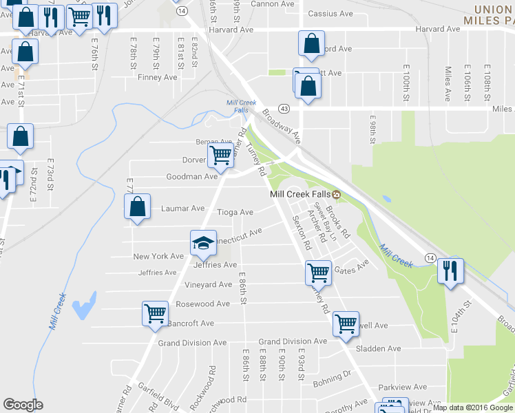 map of restaurants, bars, coffee shops, grocery stores, and more near 8905 Tioga Ave in Cleveland