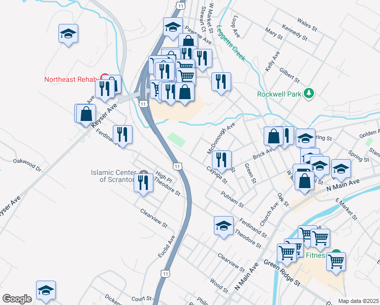 map of restaurants, bars, coffee shops, grocery stores, and more near 530 Cayuga St in Scranton