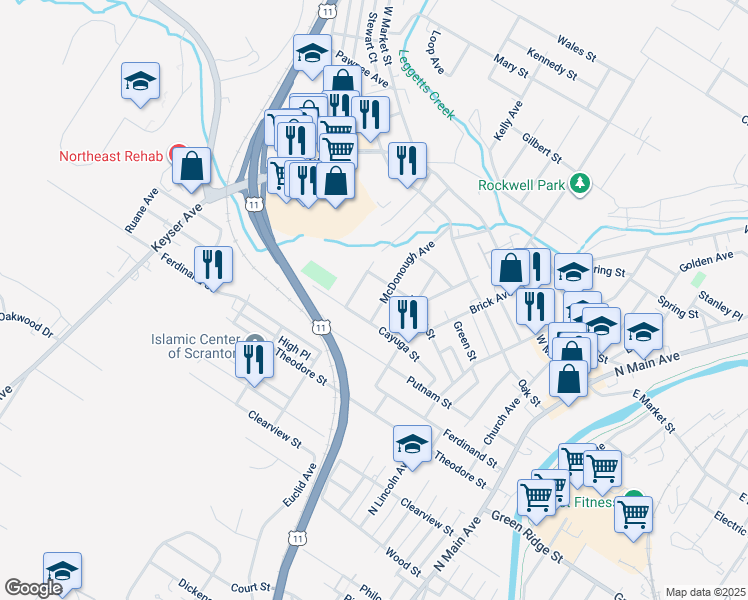 map of restaurants, bars, coffee shops, grocery stores, and more near 1719 Mcdonough Ave in Scranton
