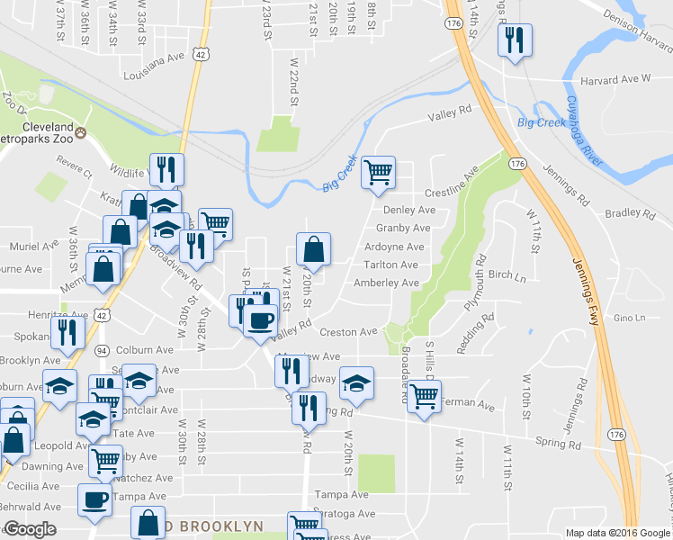 map of restaurants, bars, coffee shops, grocery stores, and more near 4150 Valley Road in Cleveland