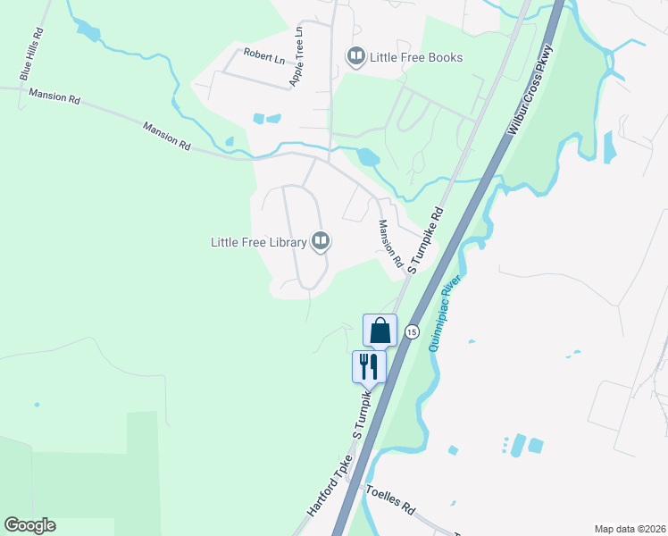 map of restaurants, bars, coffee shops, grocery stores, and more near 38 Nod Brook Road in Wallingford