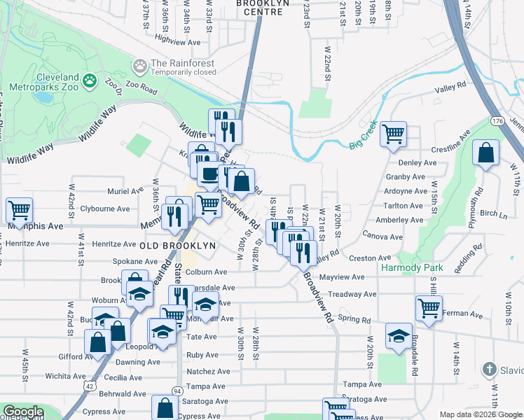 map of restaurants, bars, coffee shops, grocery stores, and more near 2413 Mira Court in Cleveland