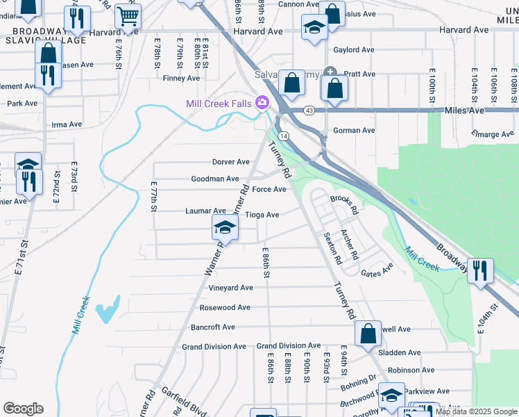 map of restaurants, bars, coffee shops, grocery stores, and more near 8501 Tioga Avenue in Cleveland