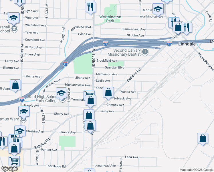 map of restaurants, bars, coffee shops, grocery stores, and more near 12700 Kadel Avenue in Cleveland